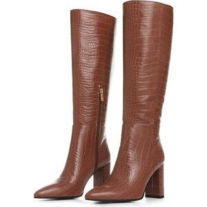 🆕Women Brown Knee High Faux Crocodile Long Tall Pointed Chunky High Heel Boots